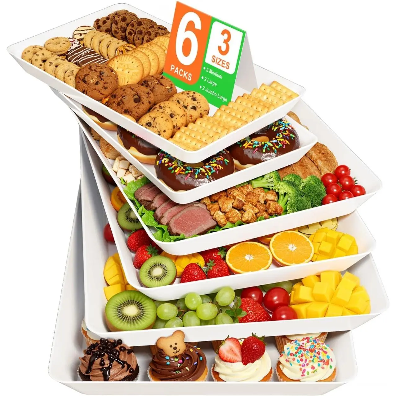 6-Pack 3 Sizes Stackable Rectangular Plastic Serving Trays for Parties Entertaining Food Display Cookies Family Use (White)