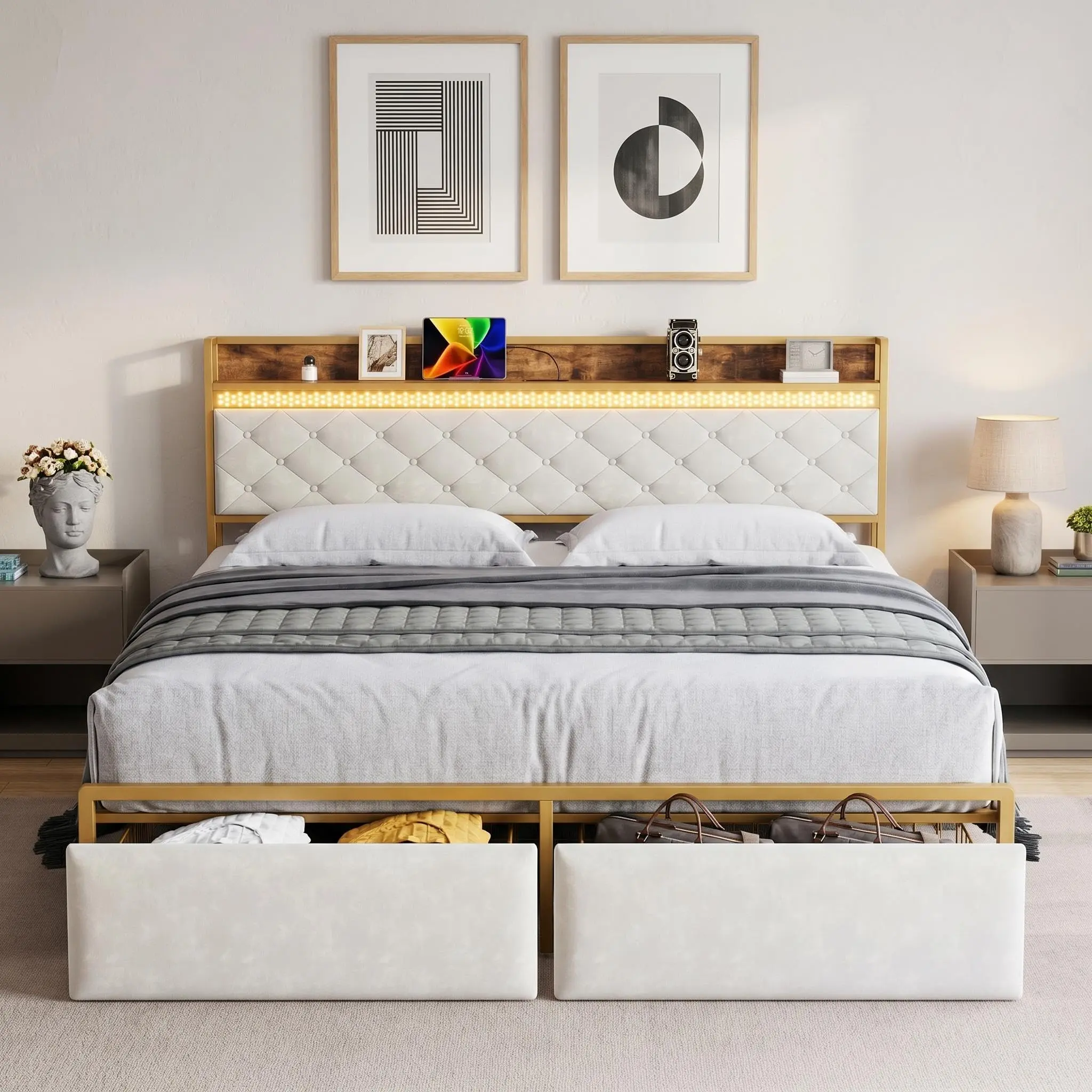 Cama KING LED cajones, PU, dorado+beige Cama KING LED cajones, PU, dorado+beige