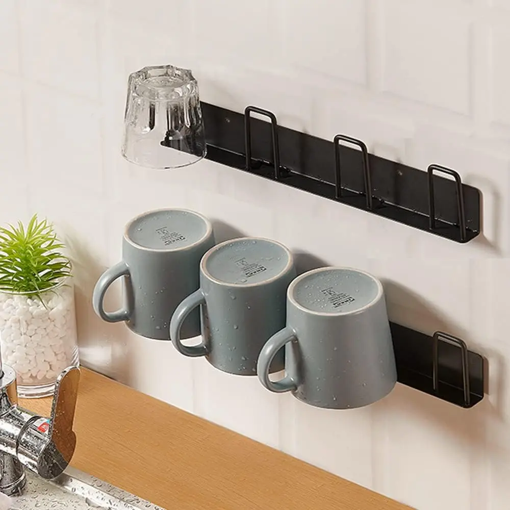 2 count Mug Hooks Wall-Mounted Mug Holder, Coffee Cups Holder Hanger no Drilling,Mug Rack Hooks with 4 Cup Holders,RV  Haves Cups Storage Hooks ​for Kitchen,Living Room,Office (Black)