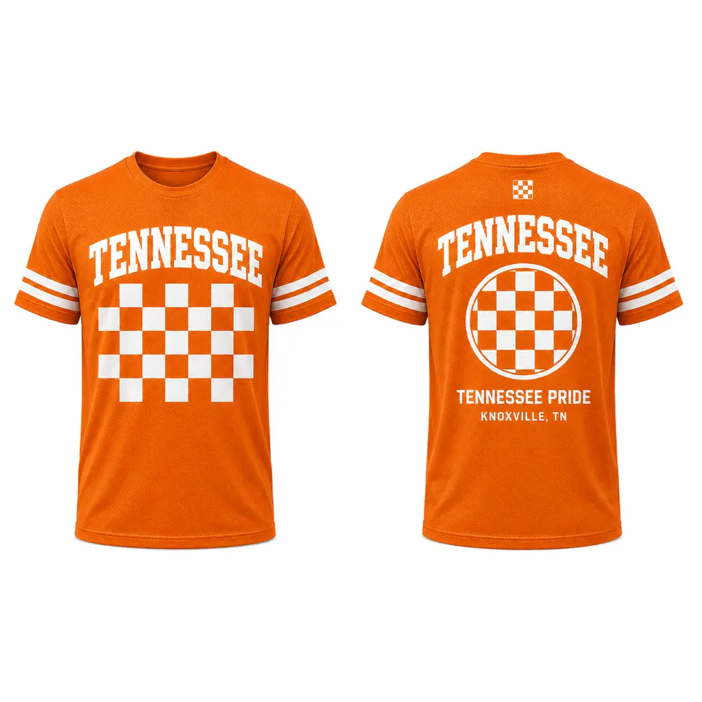 Tennessee Orange Football Fan Shirt, Checkerboard Graphic Crew Neck Jersey, Front and Back Print