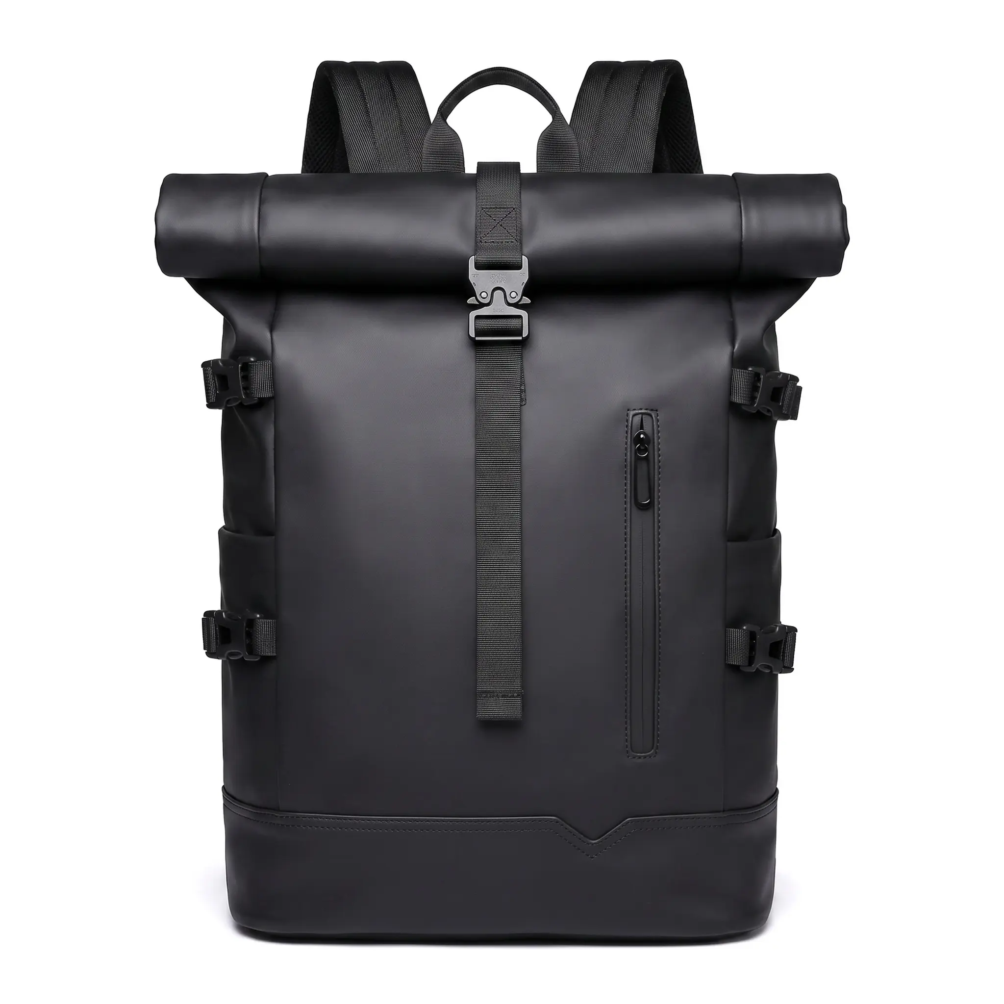 Men's Plain Solid Black Nylon Laptop Backpack, Casual Waterproof Travel Bag with 15-Inch Padded Compartment, Ergonomic Design Straps, Adjustable Zip Closure