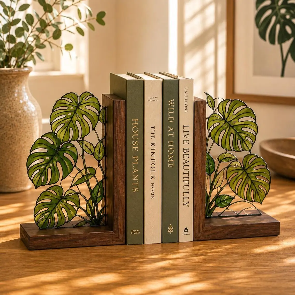 Monstera Stained Acrylic Bookends, Wood Botanical Book Decor, Tropical Plant Bookshelf Accent, Book Lover Gift, Housewarming Gift