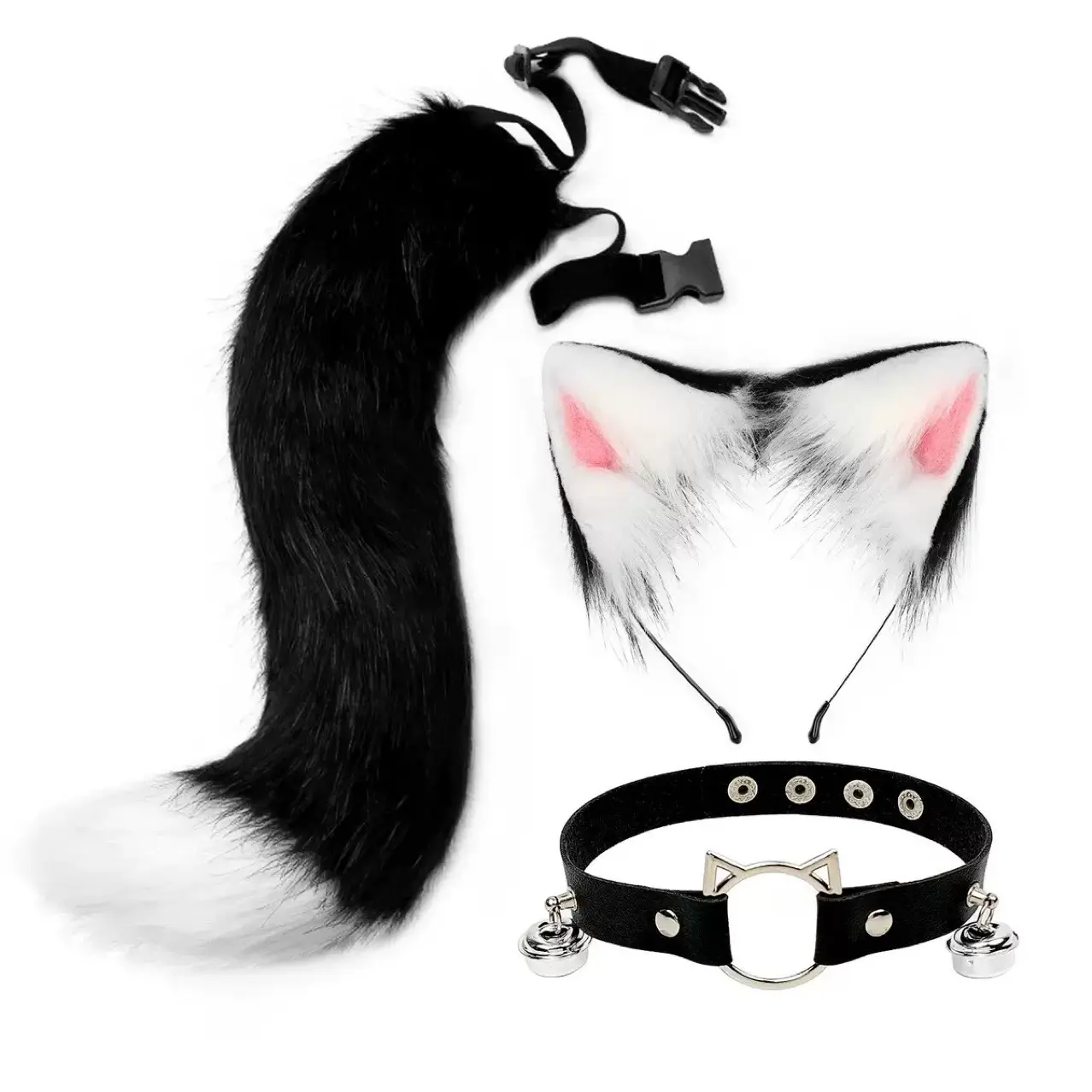 Cosplay plush animal ears and tail set, anime-style fox ears, wolf ears, headband, tail accessories, head bell, collar