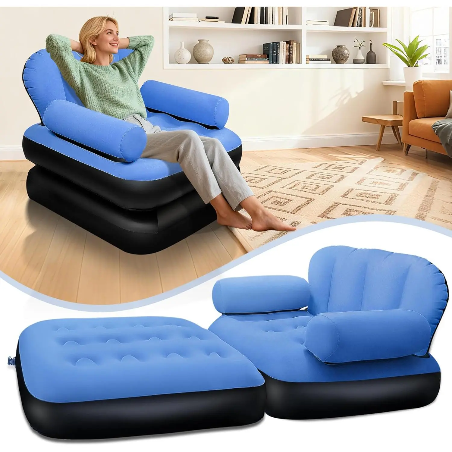 PRAXXIS Flocked Inflatable Pull Out Couch with Headboard, Dual Valve Quick Setup PVC Fabric Chair - Portable Waterproof Camping Sleeping Gear for Adults