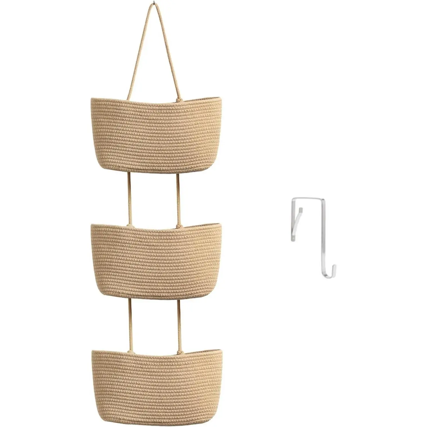 3-Tier Natural Cotton Woven Over-the-Door Hanging Basket - Folding Storage Organizer with Adjustable Rope for Nursery Wall Mounted Decor (Jute Accent)