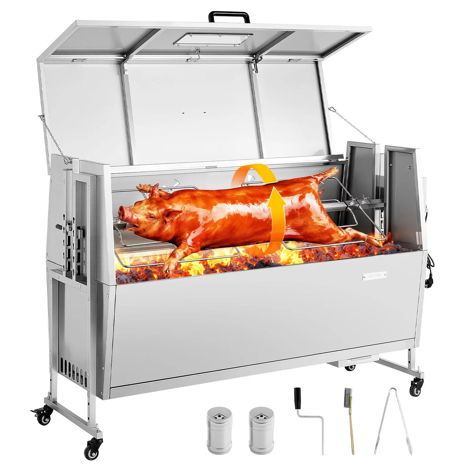 【DealsForYouDays】VEVOR 52-Inch Portable Stainless Steel Electric Rotisserie Charcoal Grill Kit, 38W Outdoor Spit Roaster, 132LBS Max Capacity Pig & Lamb Roaster with Smooth Spin, Wheels, 4-Level Height for Camping