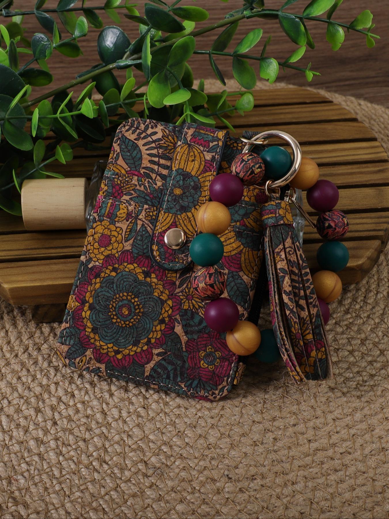 Vintage Boho Style Keychain, Stylish Keychain, Floral & Geometric Pattern Beaded Keychain with Card Holder Set for Women & Girls, Fashion Accessories for Daily Use