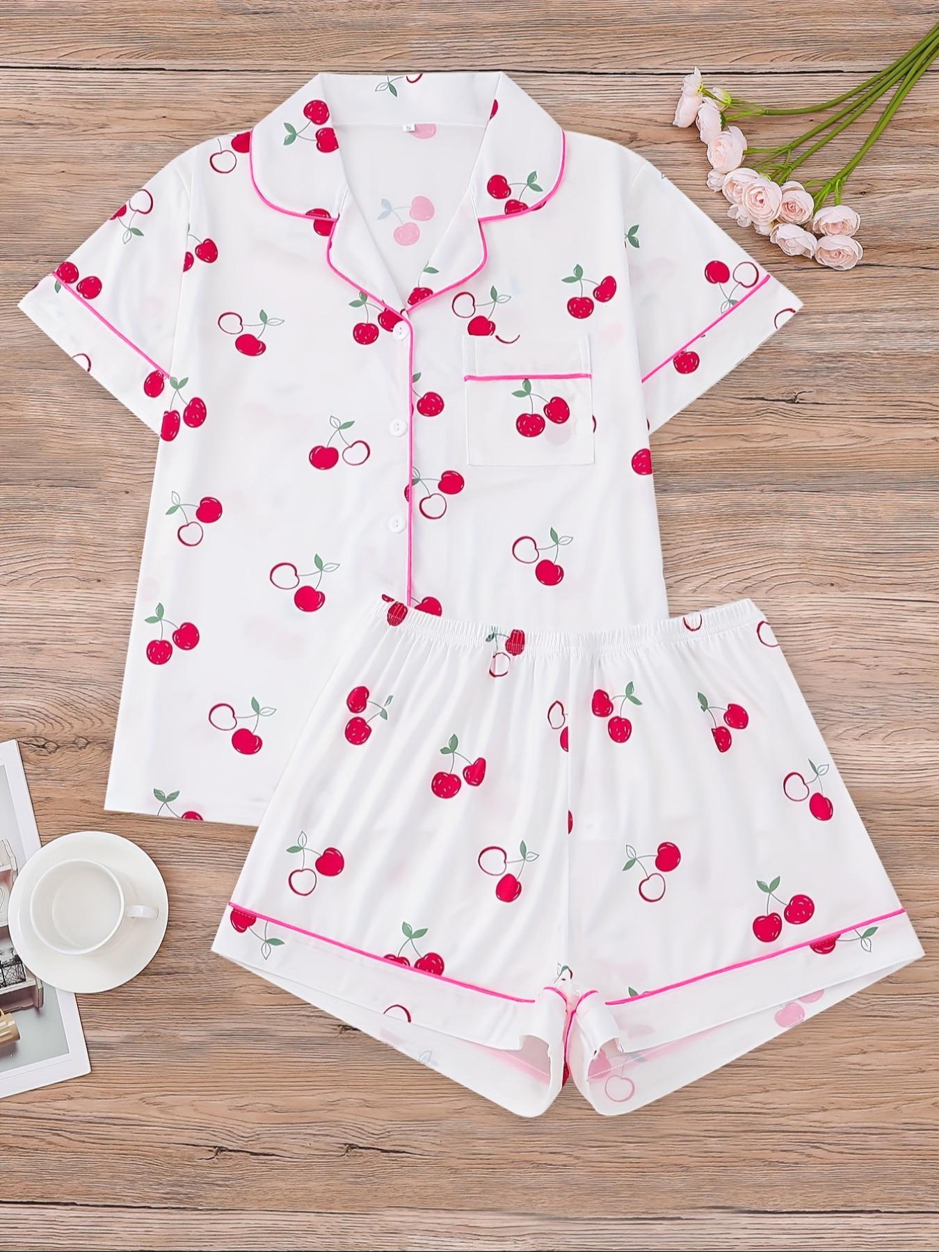 Women's Cherry Print Shirt & Elastic Waist Shorts Pajama Two-piece Set, Casual Comfy Short Sleeve Top & Shorts Pj Set, Ladies Sleepwear for All Seasons, Womenswear, Pyjamas
