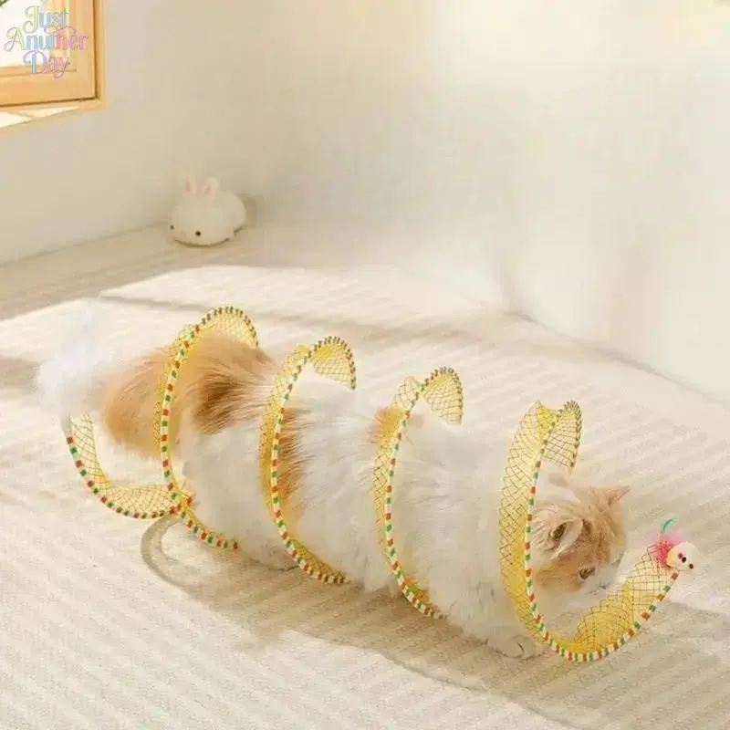 Spiral Spring Cat Tunnel Toy, Foldable Collapsible Cat Play Tunnel with Feather Bell, Interactive Self Entertainment Kitten Toy, Durable Stimulating Indoor Playing Accessory for Cats Small Pets summerw