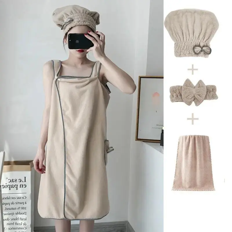 4-Piece Coral Fleece Bath Set for Adults, Comfortable Loungewear with Wearable Towel Dress, Quick Dry Hair Wrap, and Elegant Headband for Shower & Spa, One Size