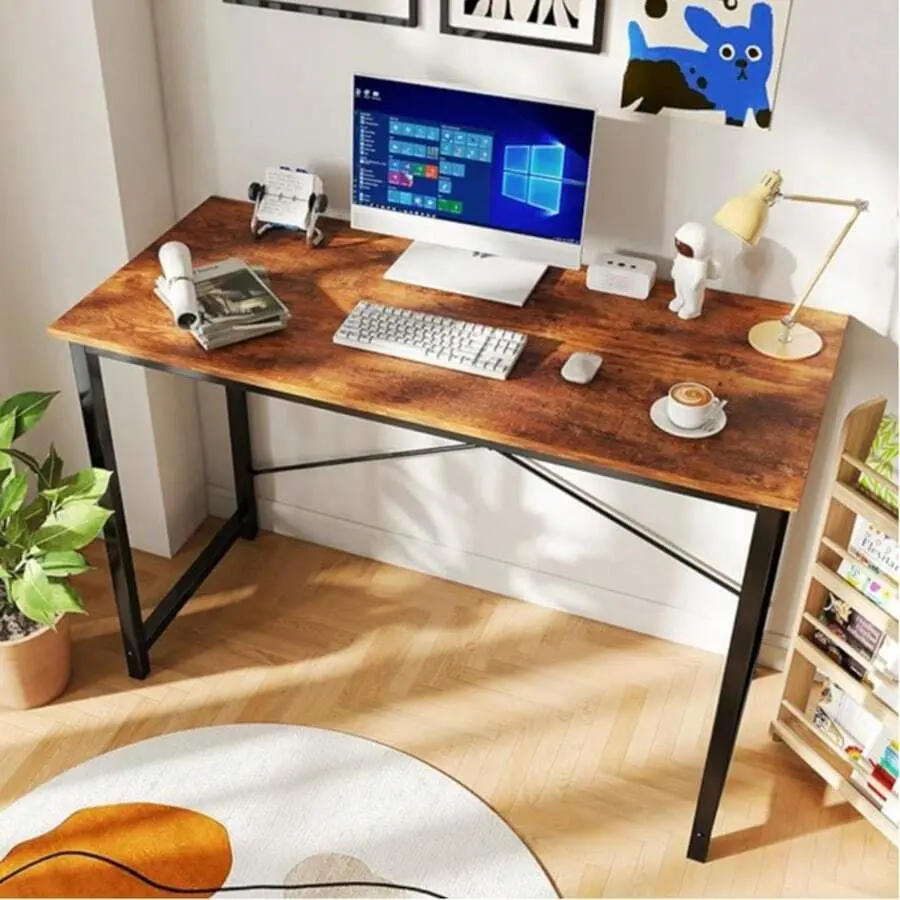 44-In Square MDF Wood Modern Simple Office Computer Desk - X-Reinforced Writing Table with Tube Legs, Tool for Home Office, Bedroom Study Use