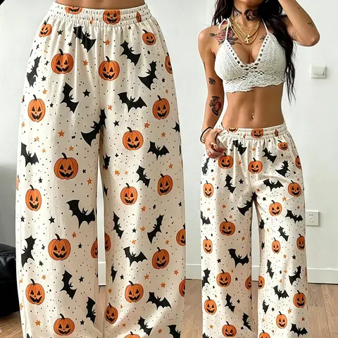 Women's Halloween Pumpkin Bat Print Wide Leg Pants with High Elastic Waist, Y2K Loose Flowy Trousers, Comfy Holiday Loungewear Sleep Bottoms for Fall & Winter