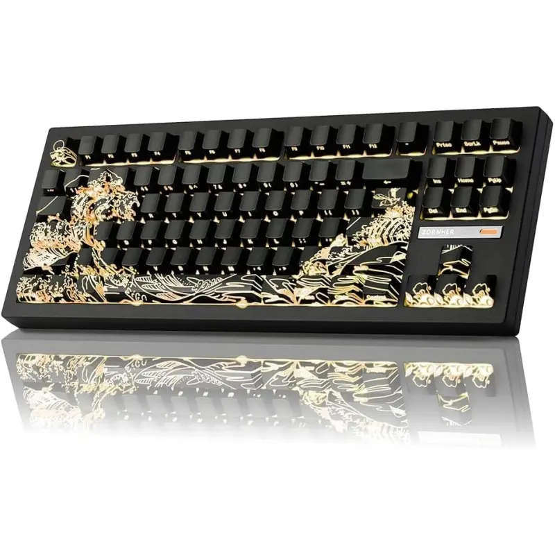 ZORNHER ZH870 80% Black Custom Hot-Swappable Wireless PC Gaming Keyboard with Creamy Sound Linear Switches, Great Wave of Kanagawa Shine-Through Keycaps, RGB Backlit, Battery-Included, Back to School Essential