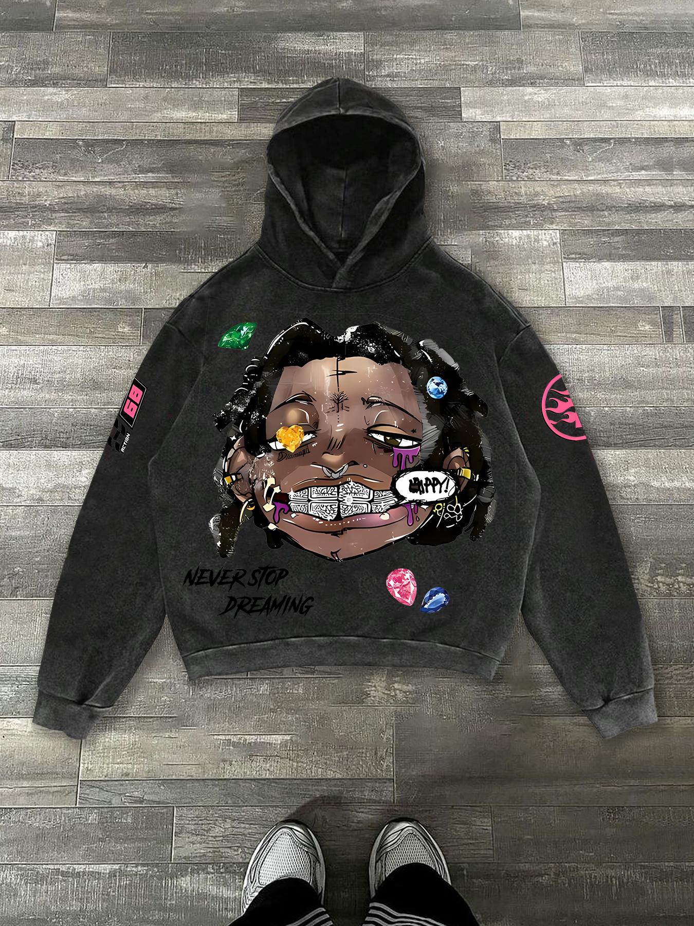 Men's Fashionable Street Character Print Hoodie, Loose Casual Long Sleeve Hooded Sweatshirt for Fall & Winter, Men's Clothes for Daily Wear