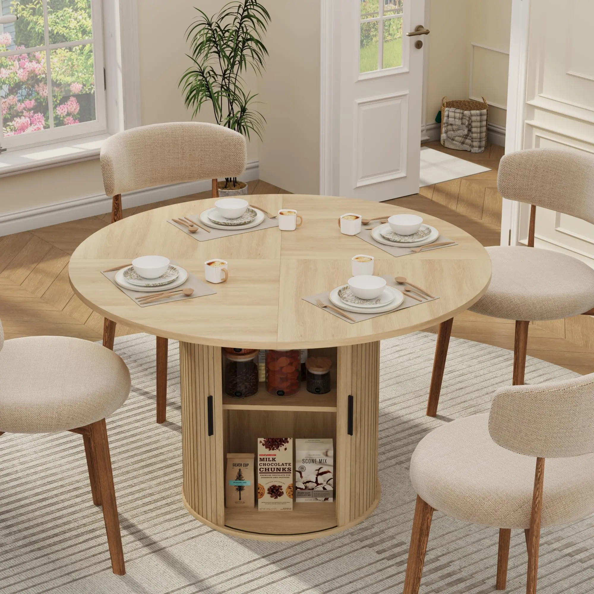 47" Round Dining Table for 4, Modern Kitchen Table with Built-in 2-Tier Storage Cabinet & Sliding Doors, Space-Saving Wood Dining Room Table (Without Chairs)