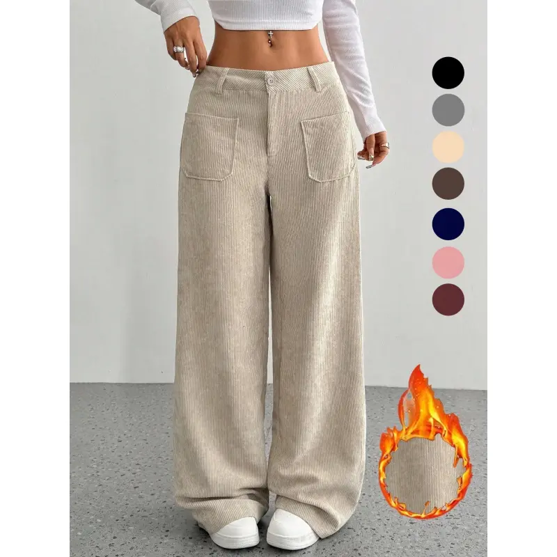 Women's High Waist Corduroy Wide-Leg Pants - Comfy, Clean Minimalist Broad-Leg Trousers with Button Closure, Machine Washable Casual Womenswear Bottoms (7-Color Options), Comfy Pants, Wide-Leg Trousers