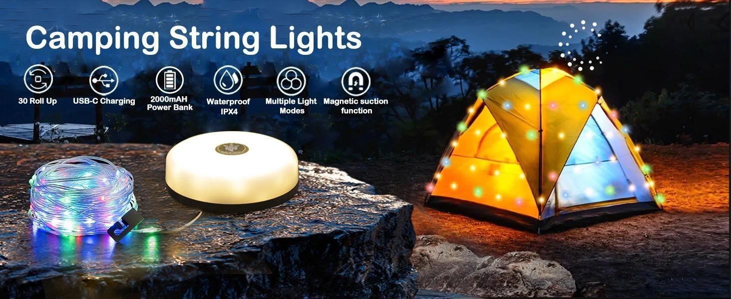 Rechargeable Waterproof Camping String Lights, 4 in 1 Lantern with 8 Modes, USB Type-C Fast Charging, Portable 32.8Ft Lights for Tent, Yard, Hiking, Patio, and Holiday Decorations Rechargeable Waterproof Camping String Lights, 4 in 1 Lantern with 8 Modes, USB Type-C Fast Charging, Portable 32.8Ft Lights for Tent, Yard, Hiking, Patio, and Holiday Decorations
