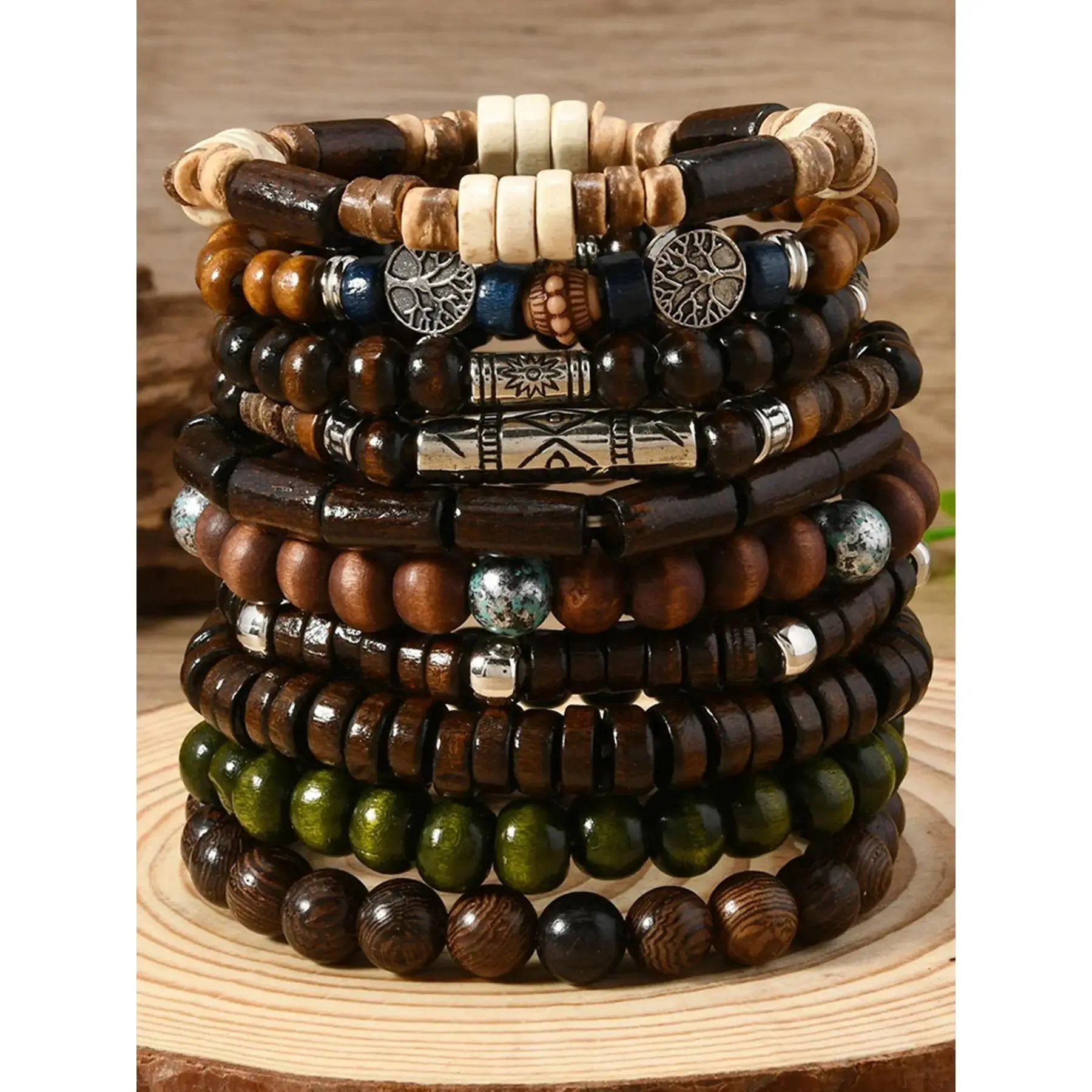 Multi-Layer Wooden Bead Stackable Bracelet Set, Vintage Boho Elastic Beaded Bracelets, Unisex All-Match Daily Fashion Jewelry, Ideal Birthday & Holiday Gift
