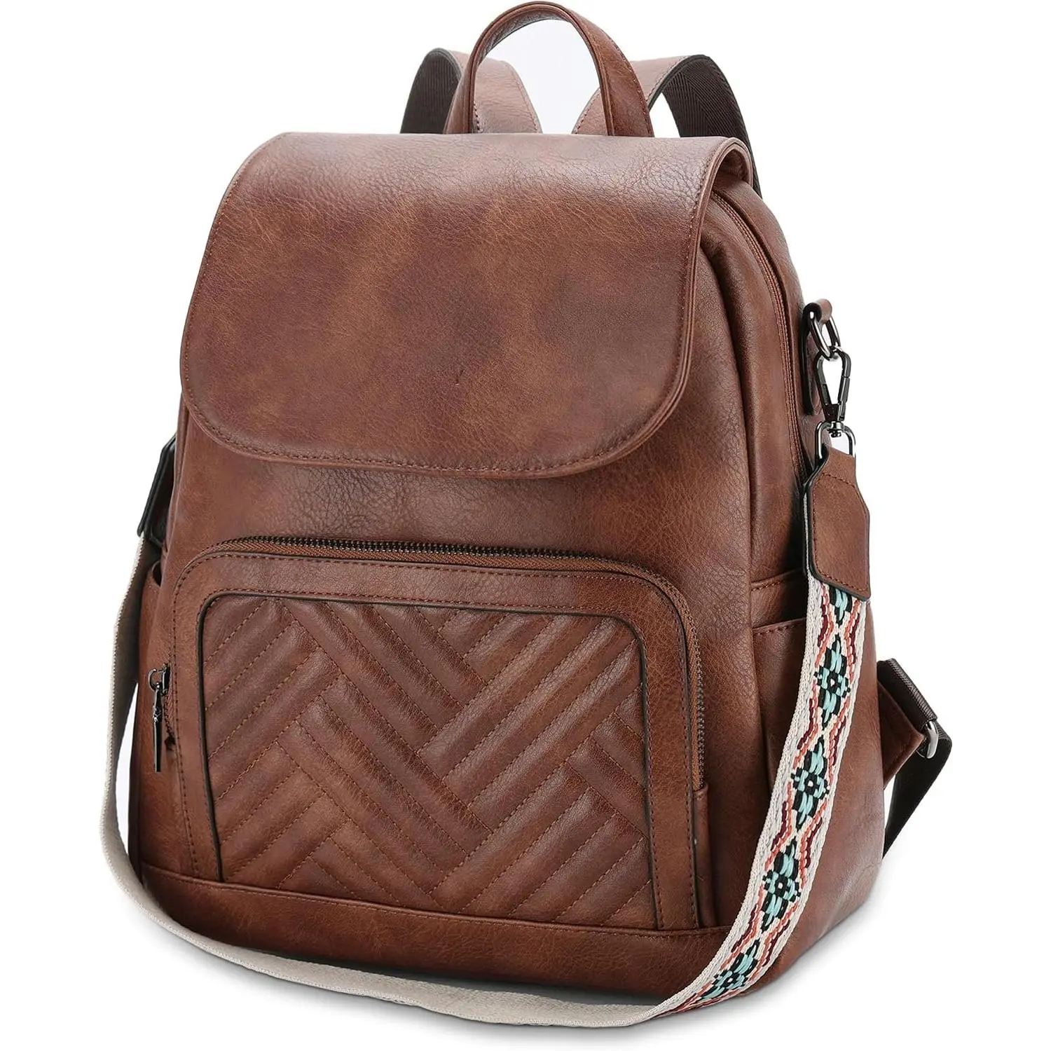 Backpack Purse for Women, Chevron Quilted Vegen Leather Flap Backpack Convertible Handbag for Ladies with Guitar Strap Brown