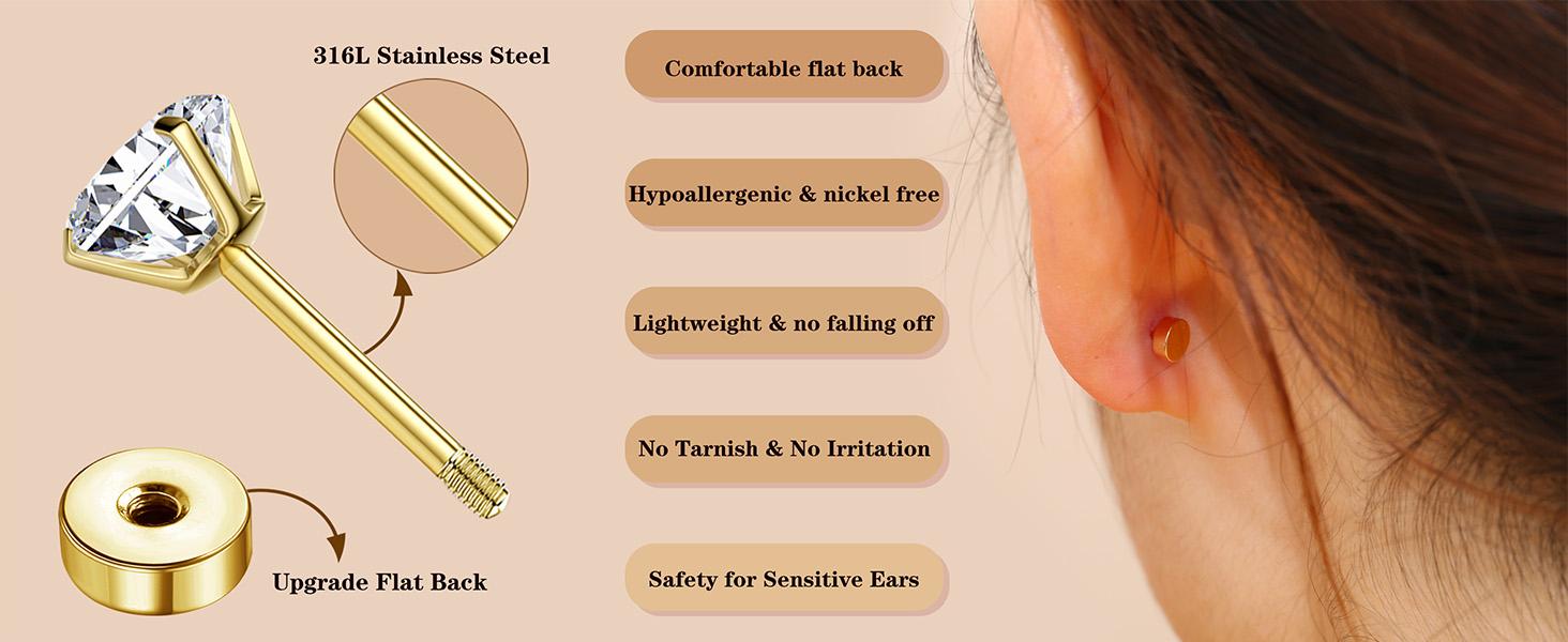 Jstyle 12 Pairs Hypoallergenic Surgical Steel Earrings for Sensitive Ears 14K Gold Plated Flat Back Earrings for Women Men Small Stainless Steel Earrings Flatback Stud Hoop Cartilage Earring Set for Multiple Piercing