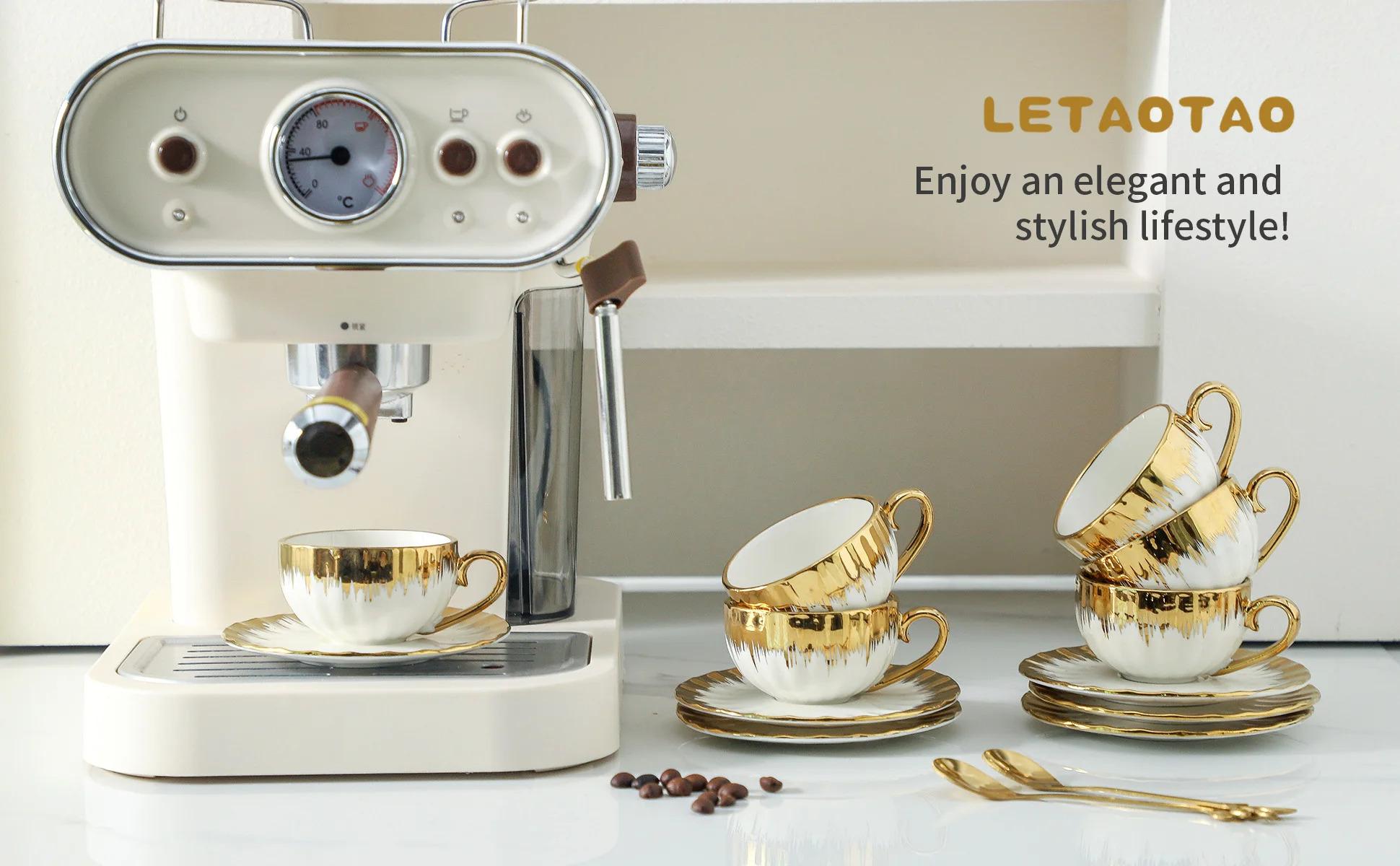 LETAOTAO Tea Cups and Saucer Set with Luxury Gold Rim,  Espresso Coffee Cup Teacup Sets Cappuccino Cup Nordic Style