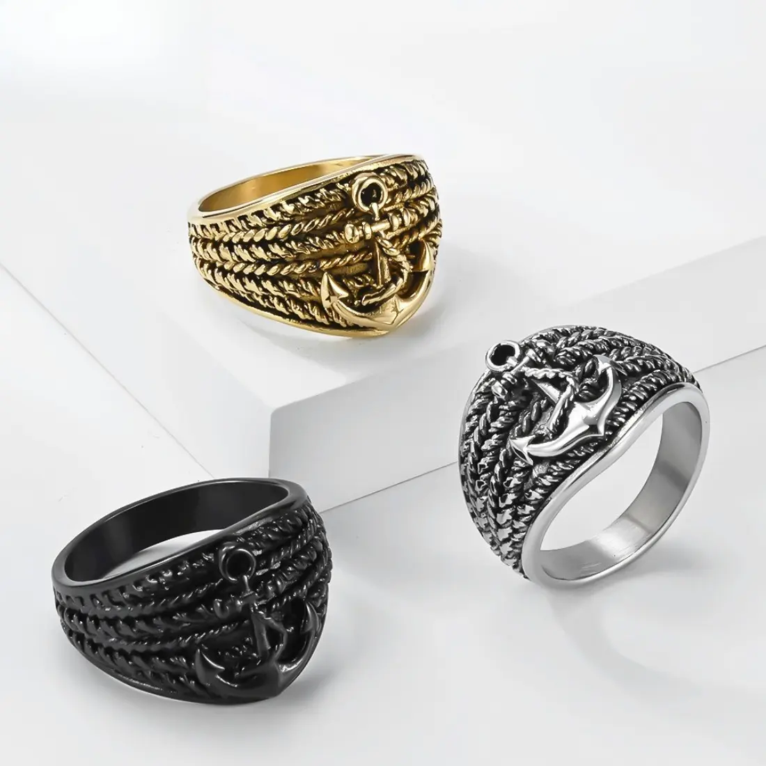 Vintage Nautical Anchor Ring for Men, Retro Rope-Wrapped Anchor Ring with 3D Relief Design, Titanium Steel Statement Jewelry, Rustic Coastal Style Accessory for Beach, Travel & Everyday Wear