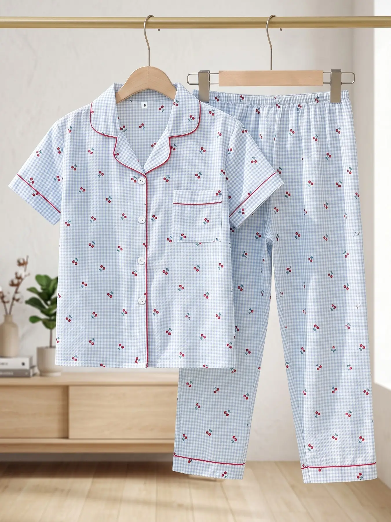 Women's Cherry Print Short Sleeve Pajama, Casual Comfy Button Up Lapel Shirt & Pants PJ Set, Ladies Sleepwear for Summer, Breathable Loungewear Set