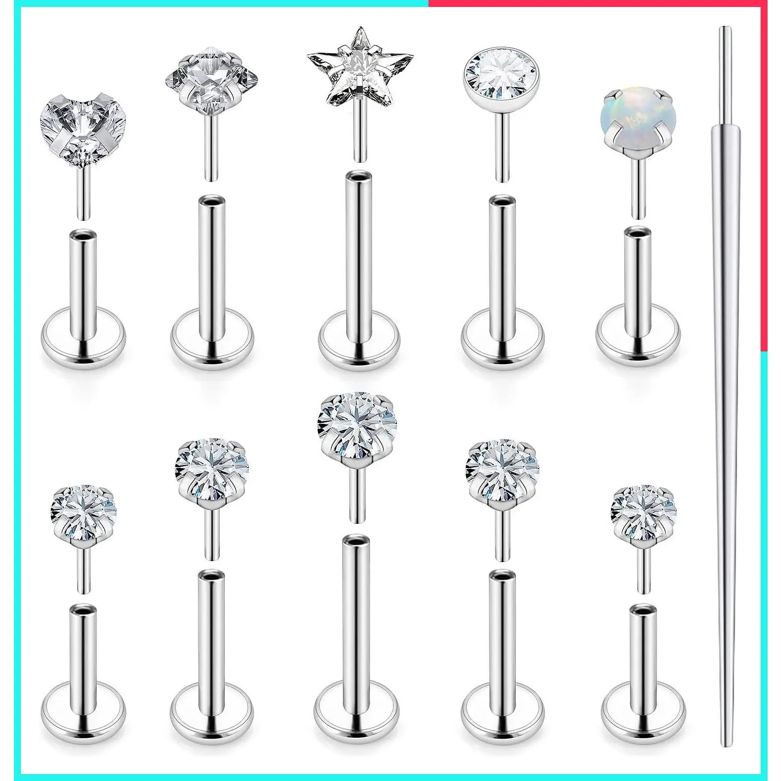 Push-In Threadless Nose Rings Studs - Hypoallergenic Stainless Steel, Flat Back Labret Jewelry for Women Men, 20G 18G 16G, 3mm Diamond, Bars 6mm 7mm 8mm, Cartilage Helix Tragus Earrings