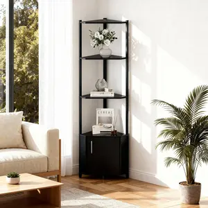 YJ-Garvee 5 Tier Corner Shelf Stand, 57 Tall Metal Frame Corner Shelf with Wood Shelves, Standing Shelf Organizer for Living Room, Bedroom, Kitchen, Bathroom | Wall Corner Storage Rack for Home Office, EntrywaBlack