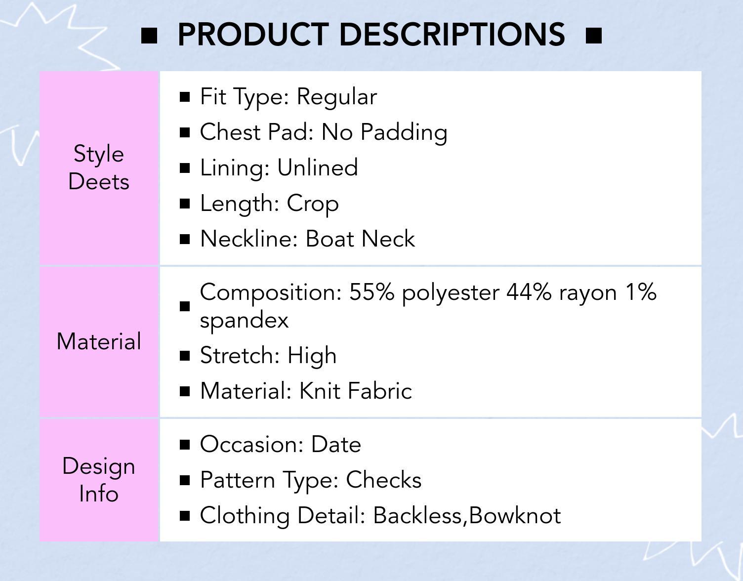 Cider [3 colors, size 0-24] Boat Neck Gingham Bowknot Backless Crop Tank Top, Boat Neck Summer Women's Tank Top for Date Vacation, High Stretch Cute Crop Tank Top