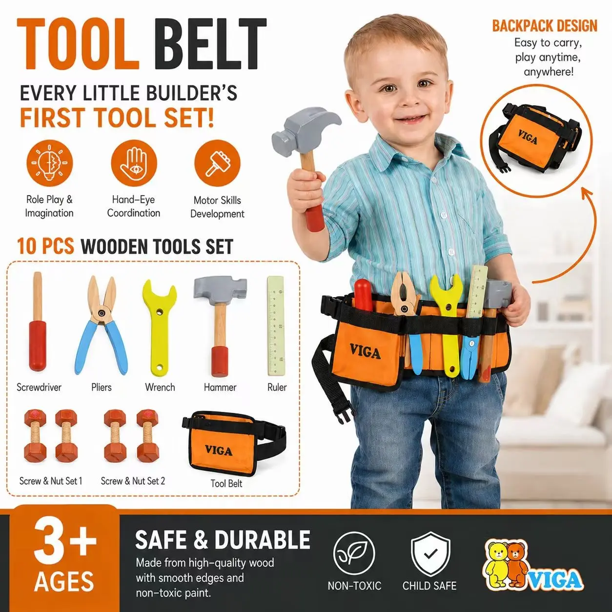 7-Piece Toddler Tool Kit with Backpack, Educational Building Toys, Hand-Eye Coordination, Motor Skills Development, School Tools