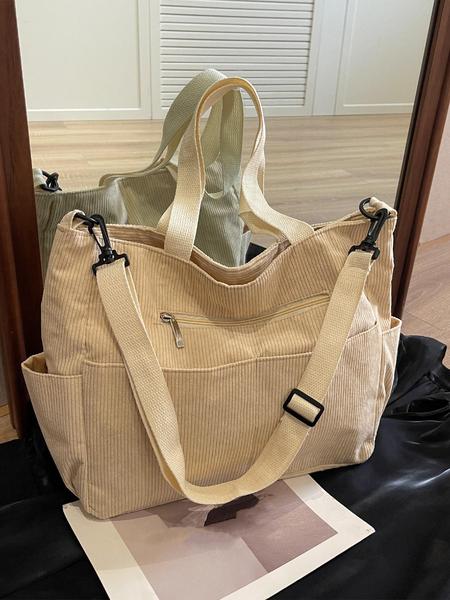 Corduroy Trendy Tote Bag, Women's Solid Color Large Capacity Shoulder Bag for Daily Used, Casual Matching School Bag for Outdoor, Slouchy Tote