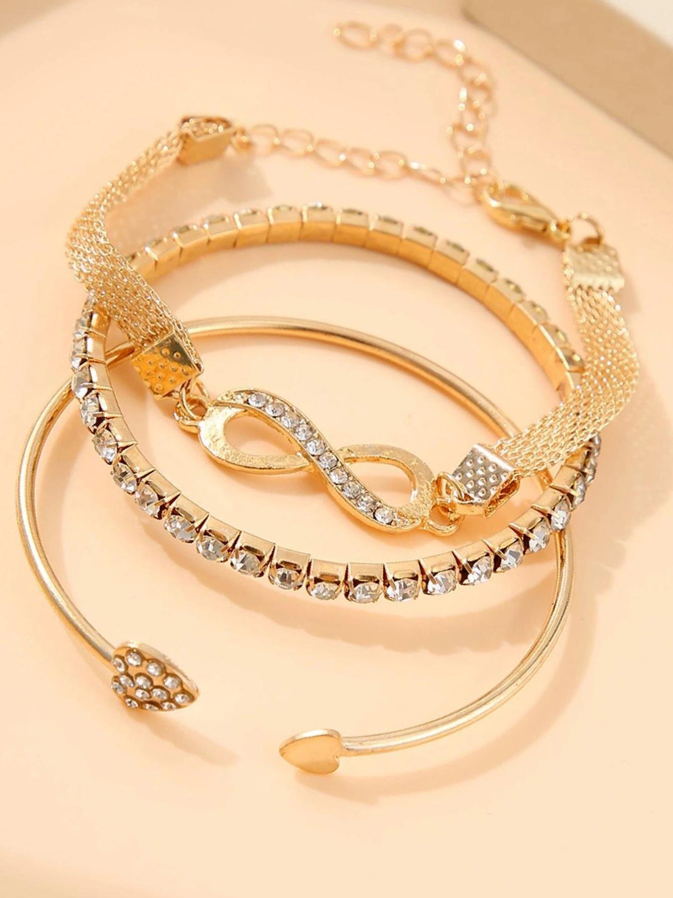 3pcs Women's Minimalist Elegant Heart Rhinestone Bangles Set, Pretty Bracelet, Bracelet Bundle, Fashion Accessories for Parties and Daily Wear, Versatile Elegant Jewelry Bracelet Set