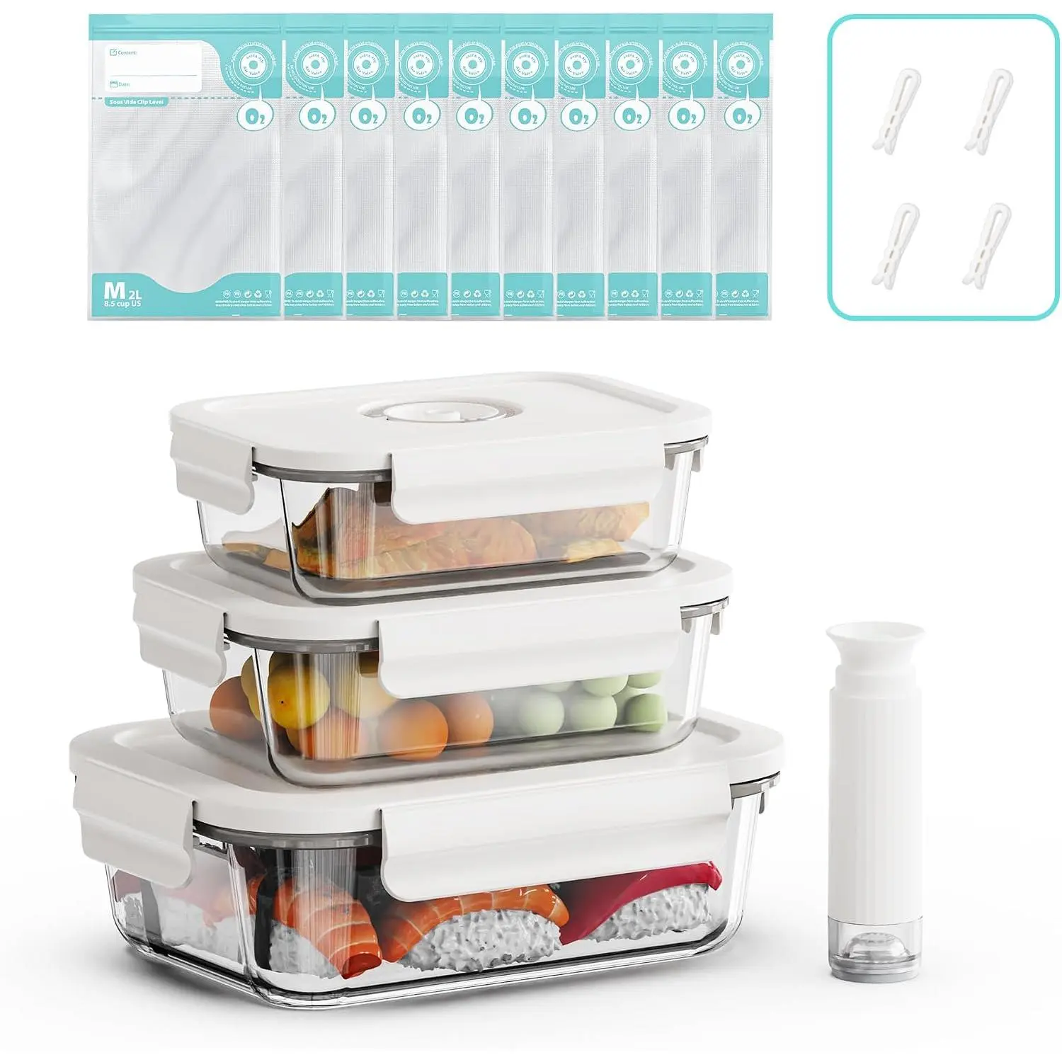 Vacuum Seal Glass  Storage Containers, 3 count Containers with 10 count Sous Vide Bags/ 1 count Manual Pump, Meal Prep Container with Airtight Locking  for Lunch, Long-Lasting Freshness