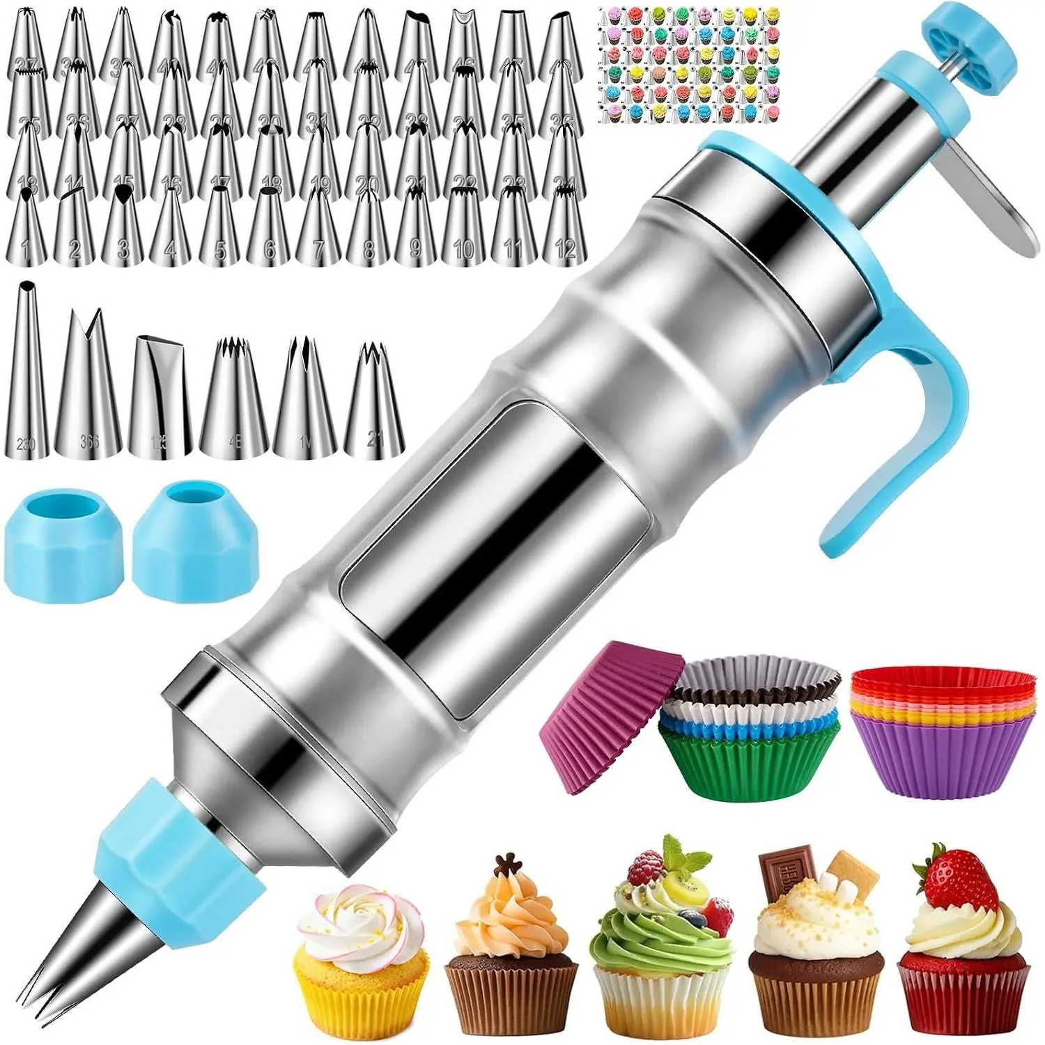 Blue 164pcs Cake Decorating Tools Kit with Steel Plunger Piping Syringe, Cream Icing Tips & Baking Accessories - For Beginners & Professionals, Cupcake Frosting Puffs Bakery Supplies