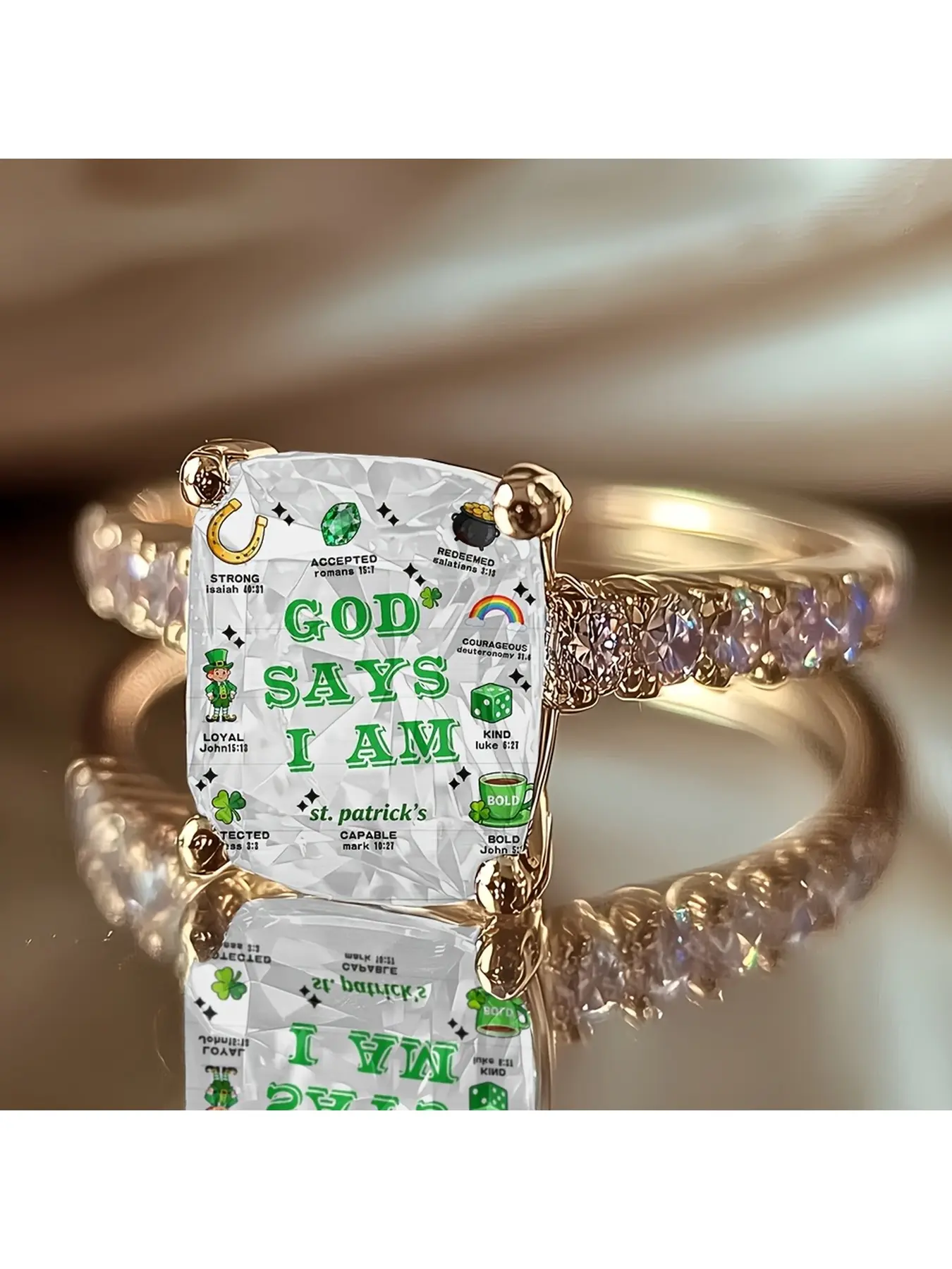 Religious slogan cartoon element ring, St. Patrick's diamond-studded personalized finger ring