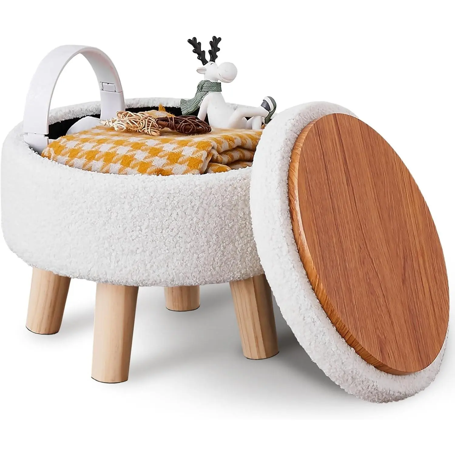 Storage Ottoman, Modern Round Footrest with Soft Padded Seat, Teddy Velvet Footstool with Wood Legs, Accent Small Table or Plant Stand for Hallway, Living Room (Cream)
