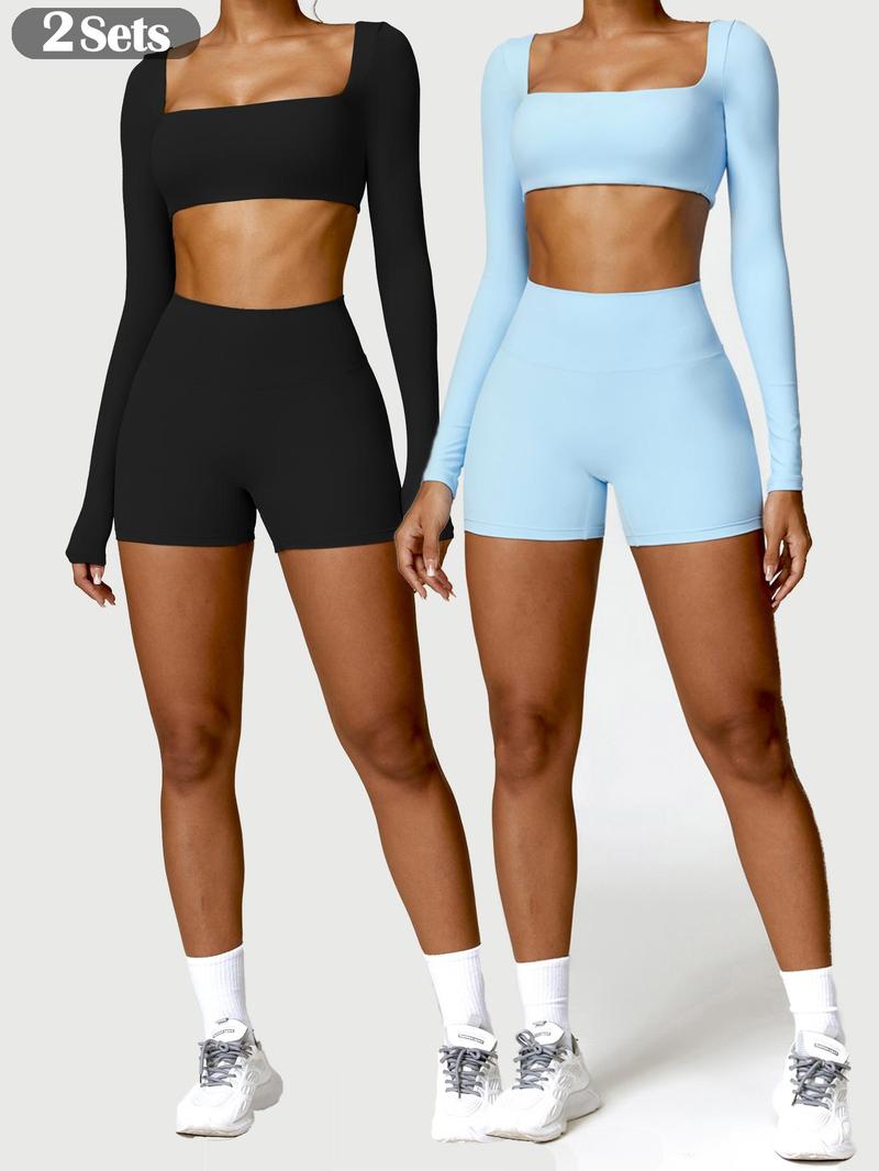 Women's Solid Long Sleeve Crop Tee & High Waist Shorts Tracksuit Set, Sporty Square Neck Top & Short Leggings for Yoga, Ladies Sportswear, Workout Running Clothes