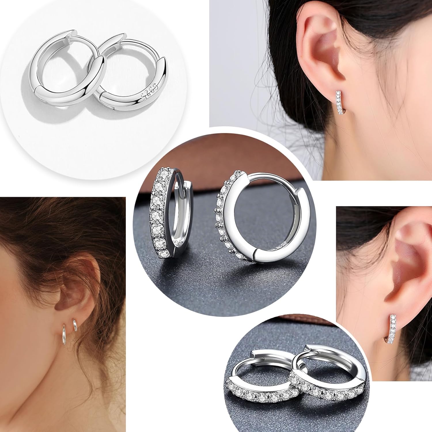 6 Pairs 3 different sizes Silver stainless steel Small Hoop Earrings for Women,Hypoallergenic Tiny Cubic Zirconia Cartilage Earring Sets for Multiple Piercing Trendy Jewelry 8/10/12mm Beauty & Personal Care