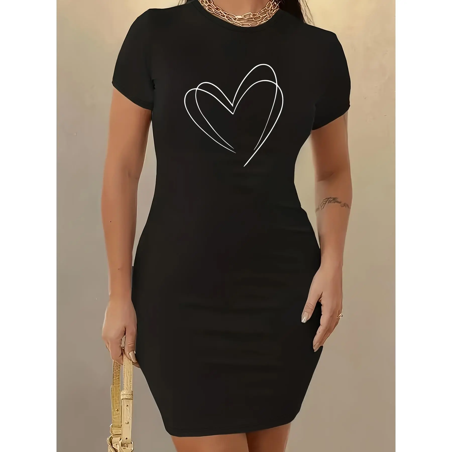 Women's Casual T-Shirt Dress with Heart Print - Light Grey Stretchy Round Neck Short Sleeve, Bodycon Fit Machine Washable All-Season Versatile Dress, Versatile Fashion, Trendy Dress, Stretchy Fabric