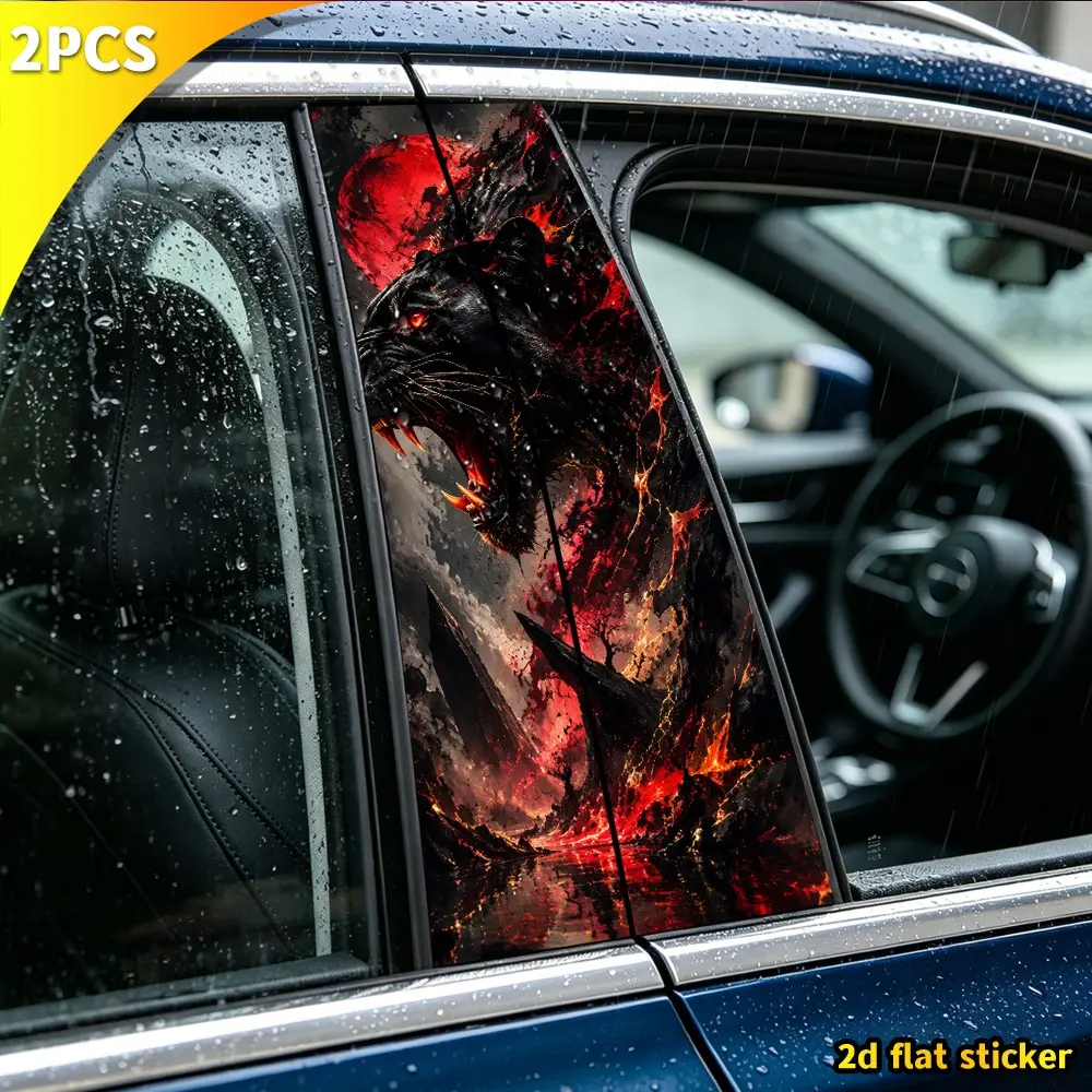 2pcs Trendy Lava Ink Roaring Panther Car B Pillar Sticker, Waterproof Crimson Moon Cliff Splatter Pattern, Daily Commute Car Decor