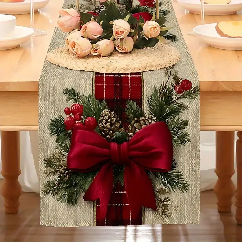 Bowknot Pinecone Leaf Print Table Runner, Christmas Tablecloth, Vintage Festive Style, Polyester, Home Decor, Party, Hotel Restaurant Setup