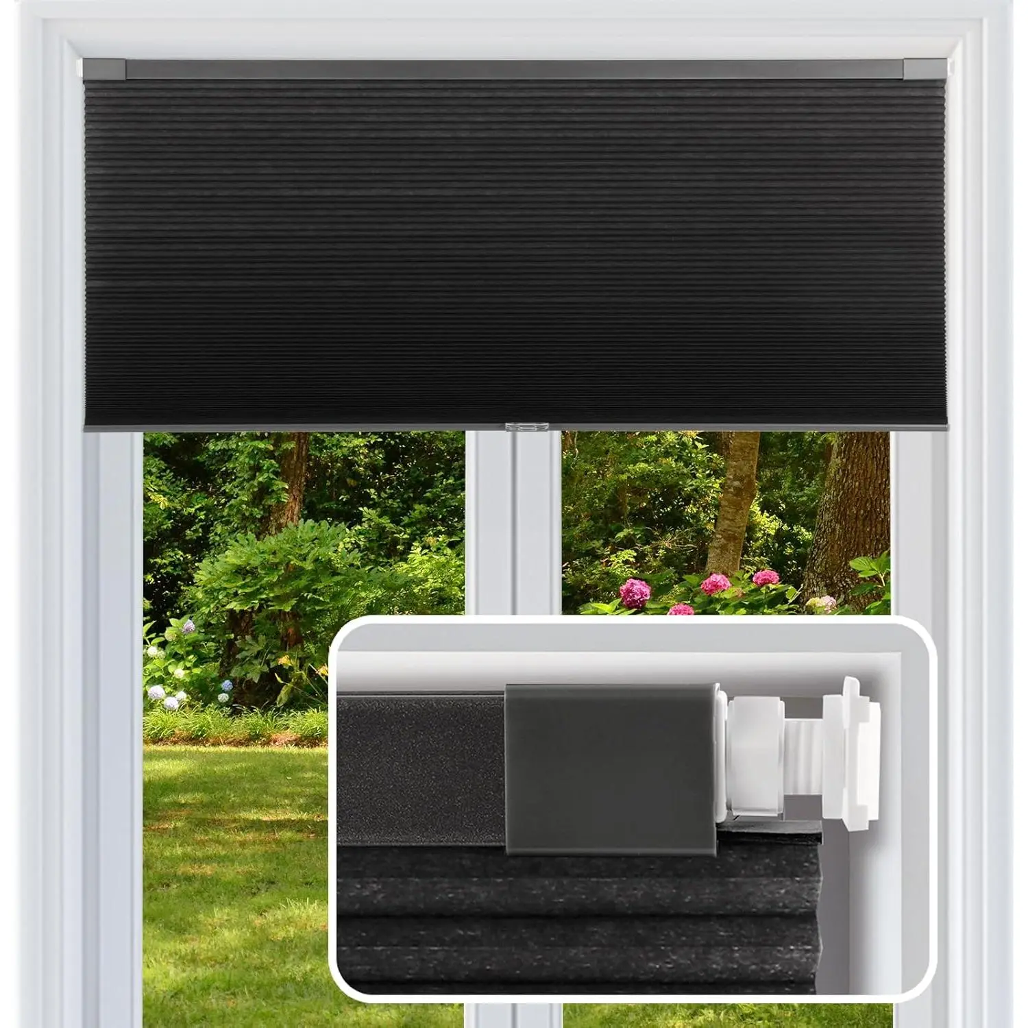 Light Filtering-Black Non-Customised Cordless Honeycomb Cellular Shades, No Drill No Tools Easy Installation Pleated Blinds for Windows, 28" W x 48" H
