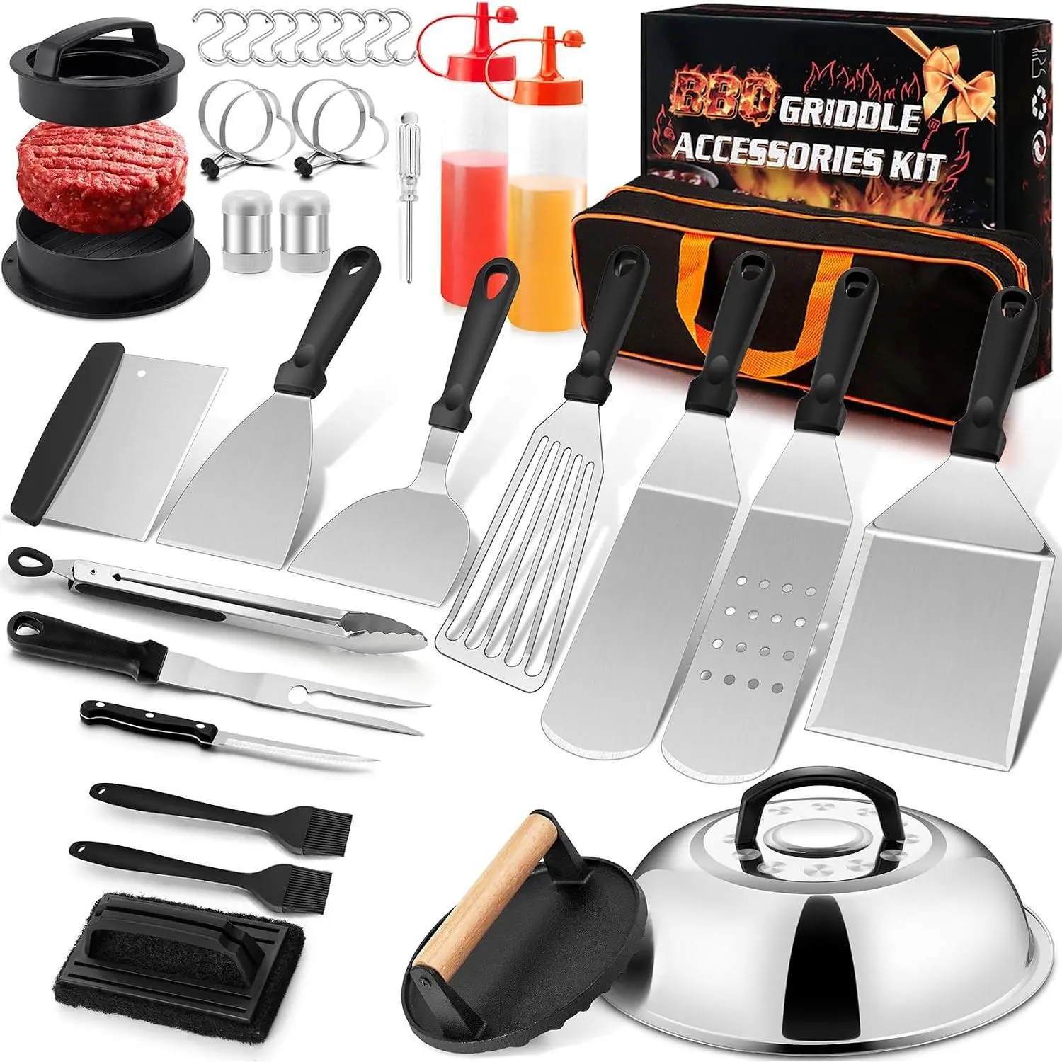 35Pcs Griddle Accessories Kit - Stainless Steel Flat Top Grill Spatula, Smash Burger Press, Basting Cover, Patty Maker Tool Set for Outdoor BBQ, Camping, Kitchen
