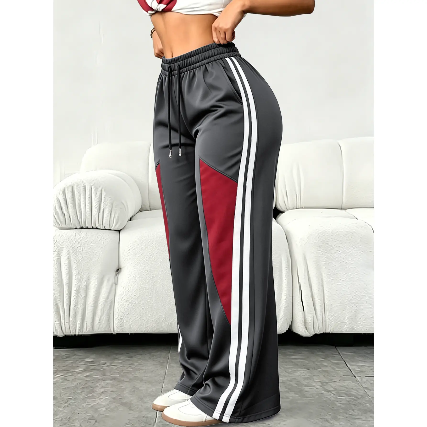 Women's Relaxed Contrast Patchwork Long Pants, Double Side Stripes Drawstring Elastic Waist Street Style Wide Leg Trousers