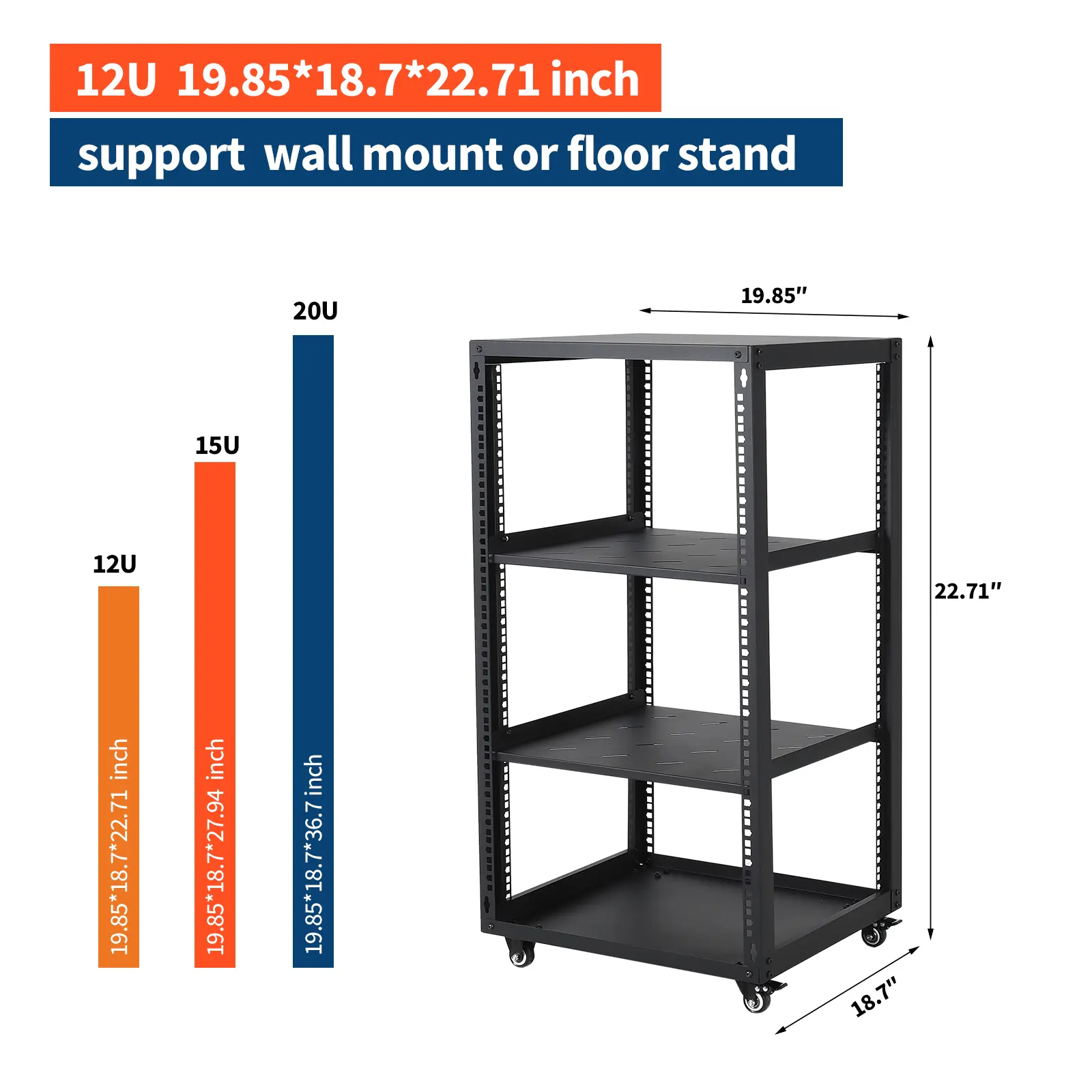 Heavy Duty 12U Open Frame 19 Inch Network Equipment Rack, 1.2mm Thick Steel Floor Standing & Wall Mount AV IT Cabinet with 2 Pack 1U Mounting Shelves, Multi-Purpose Office Server Storage Display Shelf