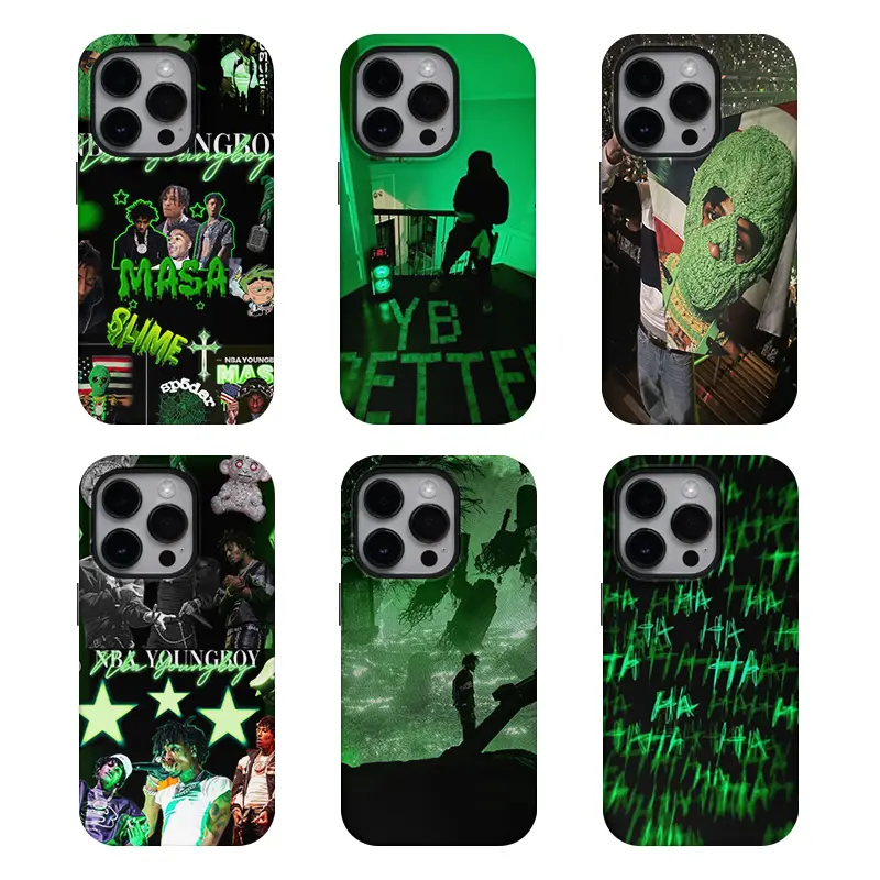 Vintage Y0ung-B0y Rap Star Collage Custom Plastic Phone Case - Green Neon Hip Hop Aesthetic, Shockproof Protective Casing & Cover Accessory for iPhone 17 ProMax,16,15,14,13,12,11 and for Samsung S21-S26, Gift for Music Fans