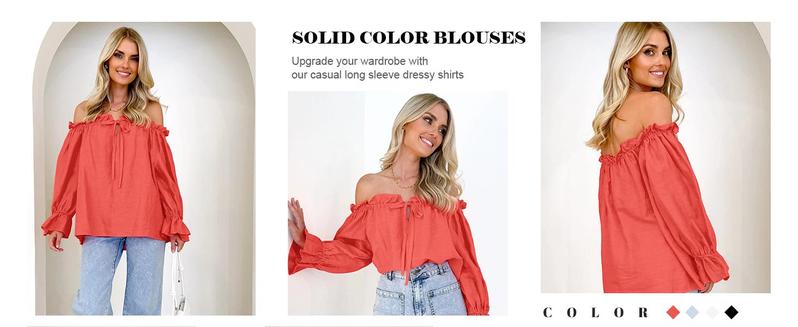 Imily Bela Womens Off The Shoulder Tops Puff Long Sleeve Tie Front Loose Fit Ruffle Shirts Blouses