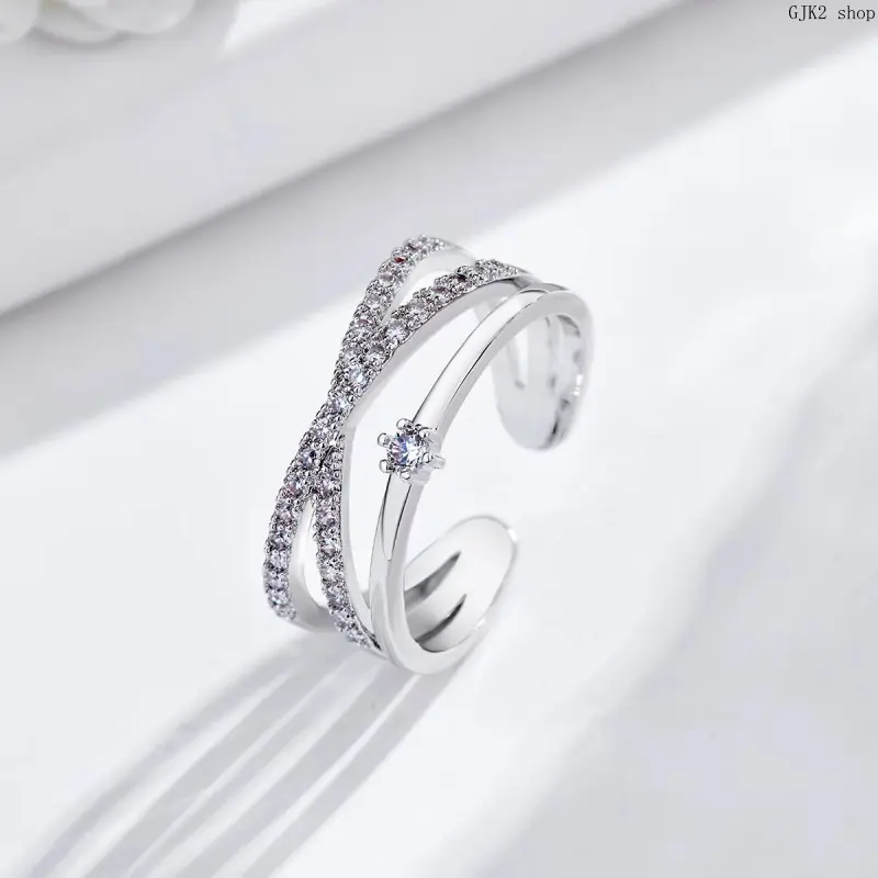 Silver Tone Twisted Multi Layer Rhinestone Ring, Intertwined Crystal Adjustable Open Band Ring For Women