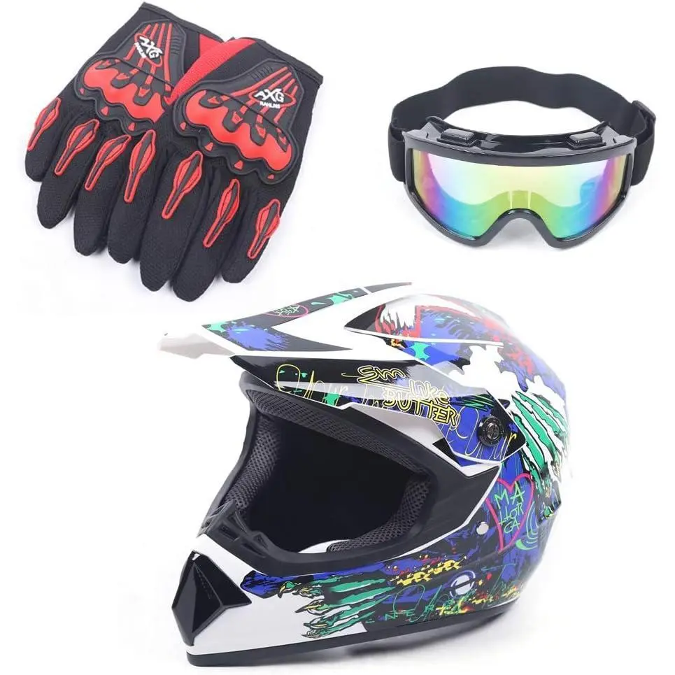 Brand New Youth Kids Offroad Gear Combo - DOT Helmet, Durable Gloves, Buckle-Equipped Hand Goggles with Eye Care & Cooling - for Motocross, ATV Racing Protection, 1 Size, m, One Size